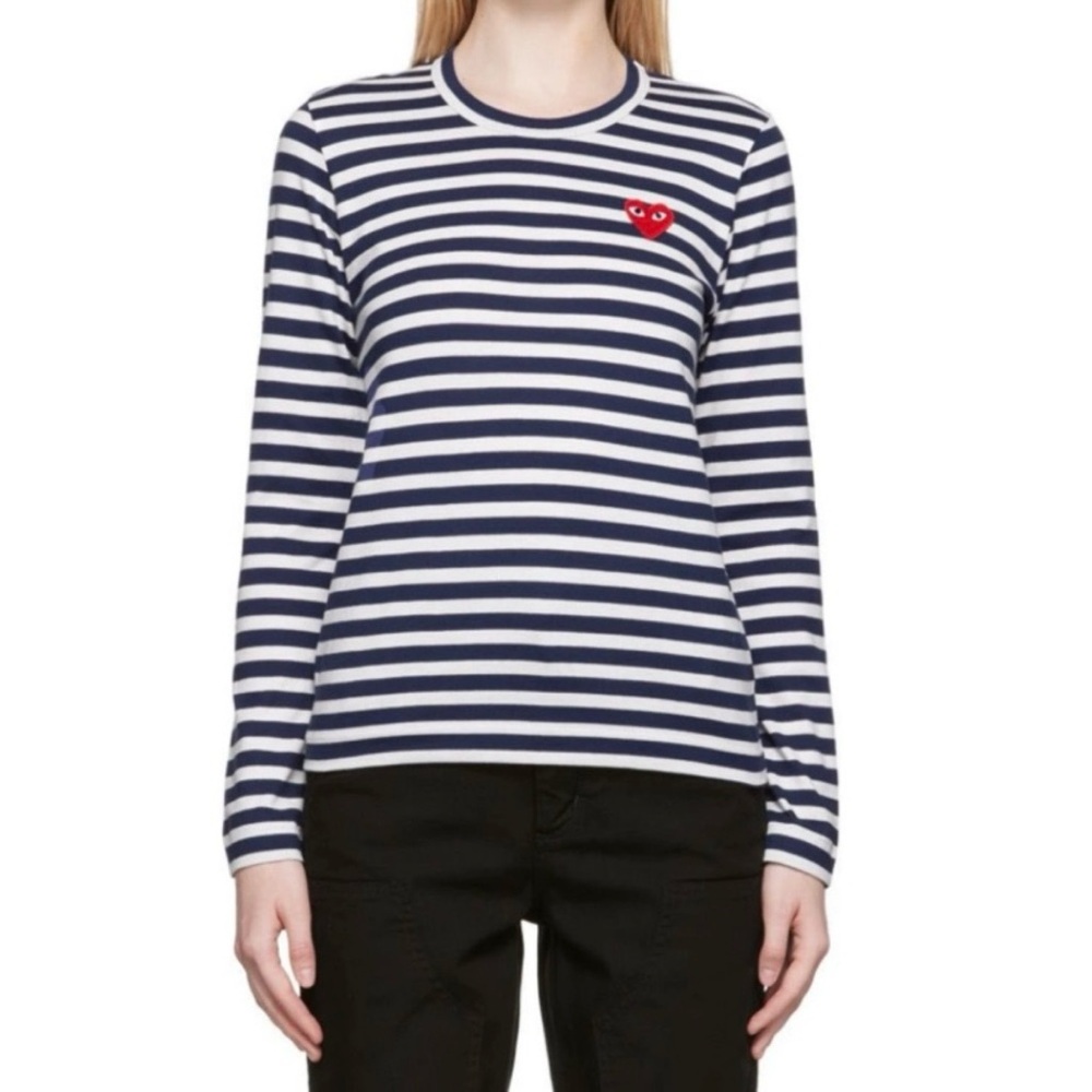 Authentic Comme des Garcons PLAY White & Navy Striped Long Sleeve Tee